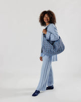 Wavy Gingham Blue Large Nylon Crescent Bag