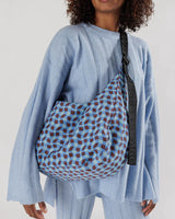 Wavy Gingham Blue Large Nylon Crescent Bag